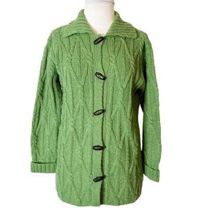 Aran Crafts Ireland 100% merino wool toggle cardigan sweater green sz XS